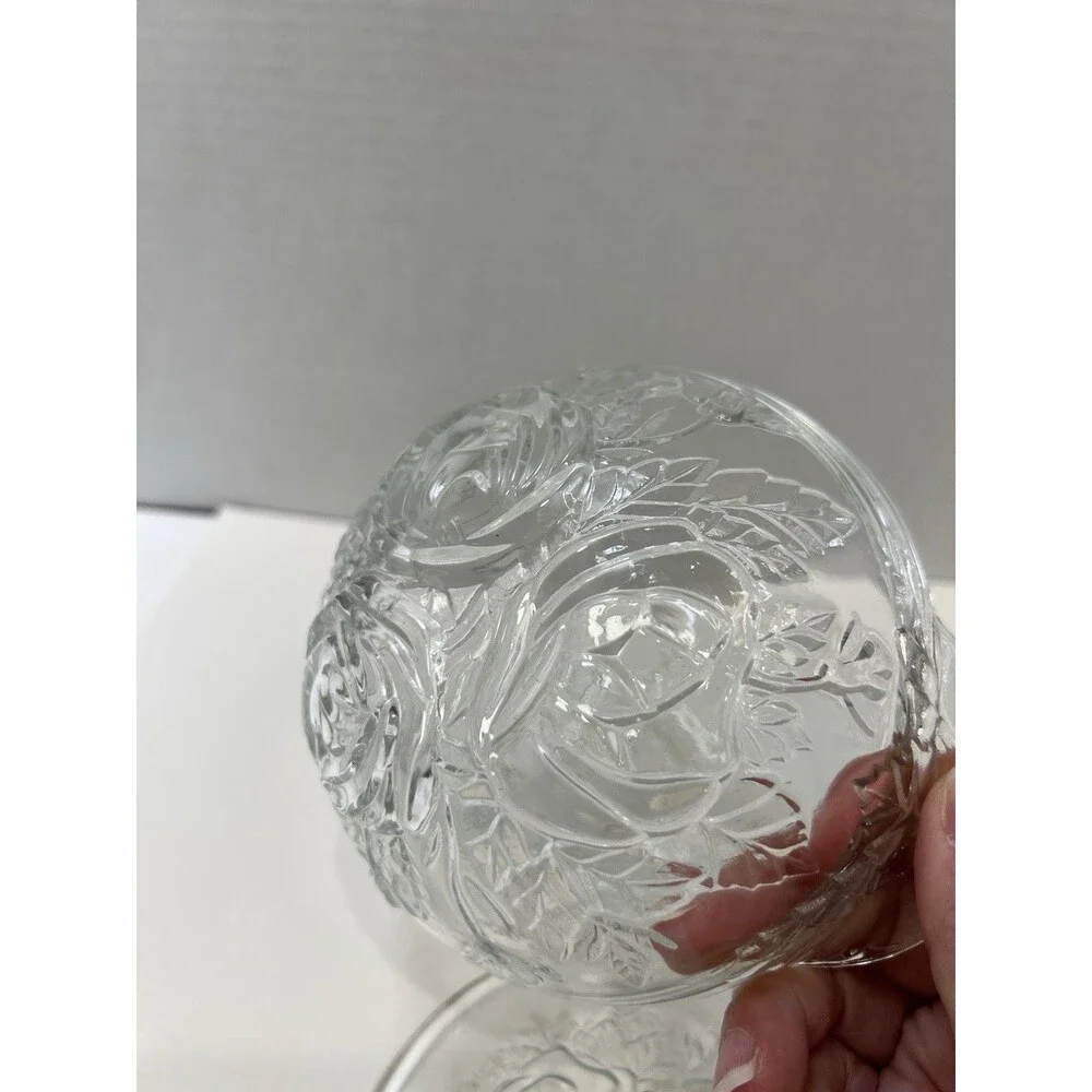 Vintage Pressed Roses Glass Candy  Dish Jar Lid 5 1/2” Underplate Frosted 8”